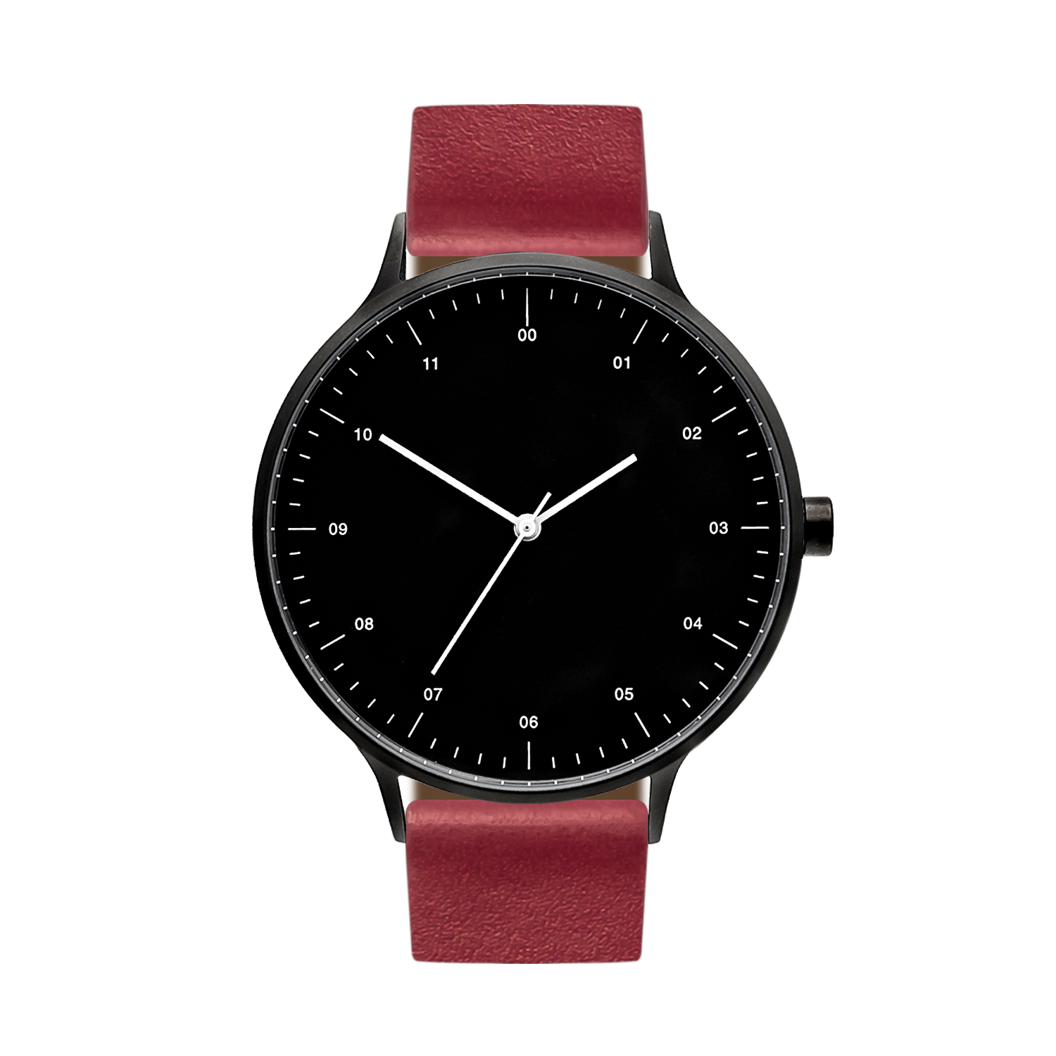 B302 Watch, Black Case, Black Dial, Leather Strap - Red