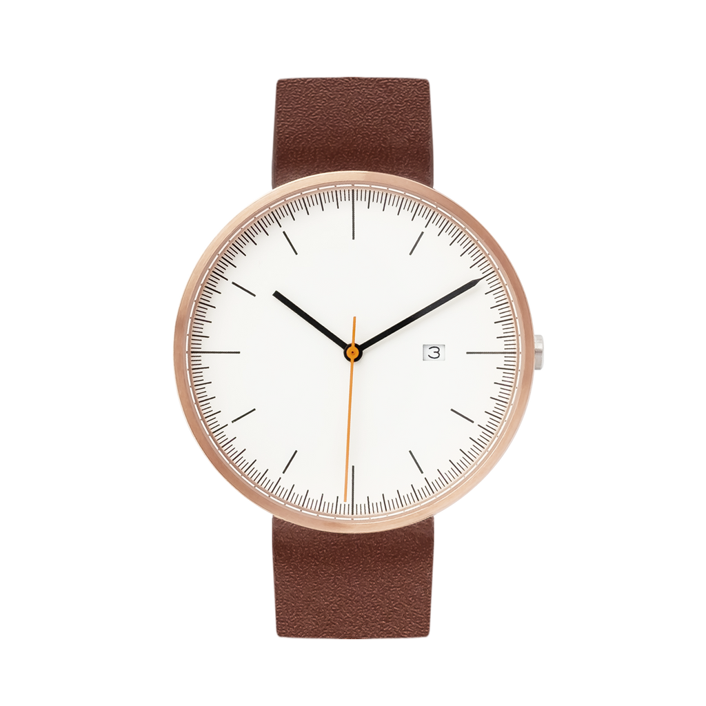 B202 Watch, Rose Gold Case, Off White Dial, Calendar, Leather Strap - Brown