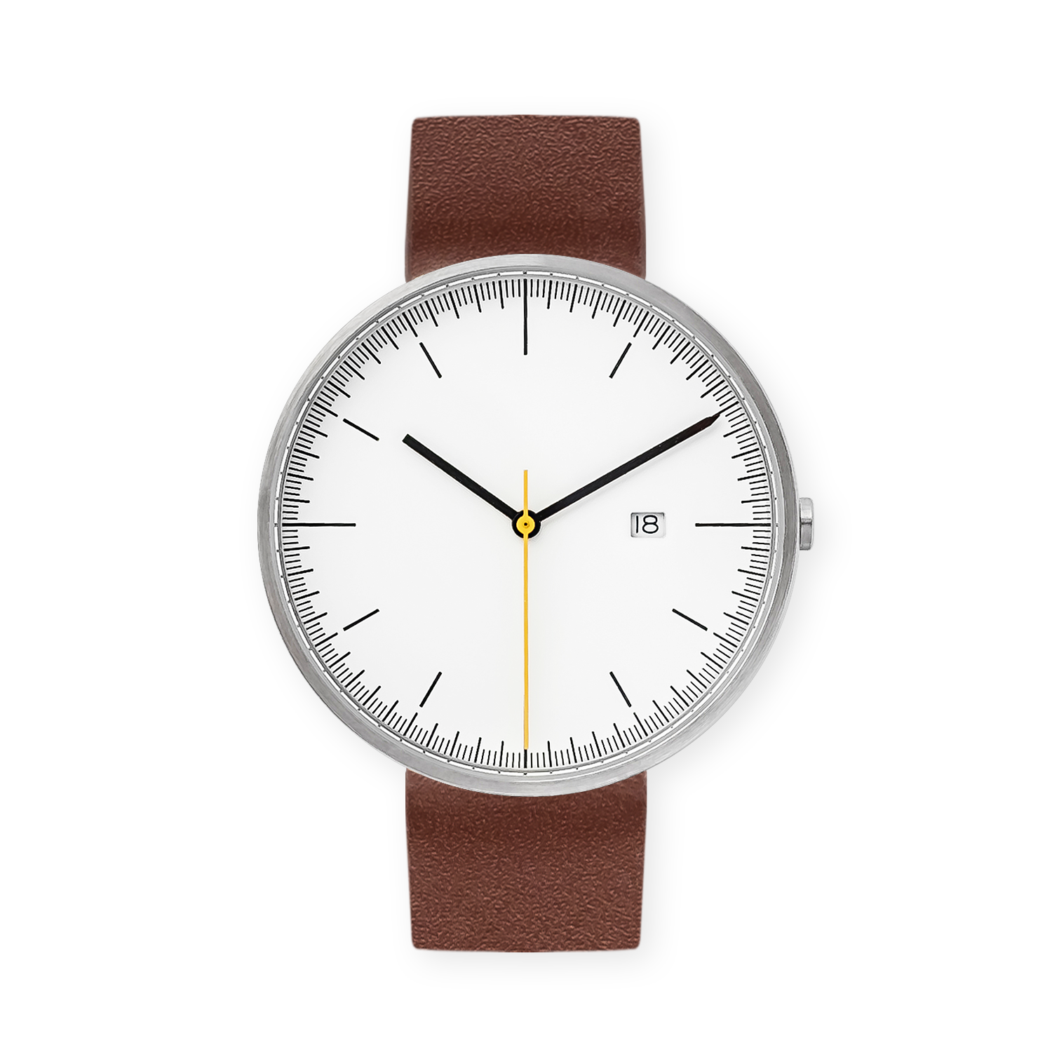 B202 Watch, Silver Case, White Dial, Calendar, Leather Strap - Brown - BIJOUONE