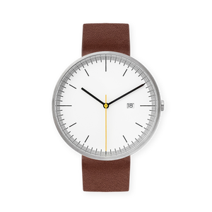B202 Watch, Silver Case, White Dial, Calendar, Leather Strap - Brown - BIJOUONE