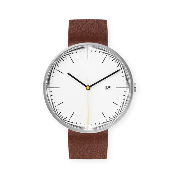 B202 Watch, Silver Case, White Dial, Calendar, Leather Strap - Brown - BIJOUONE