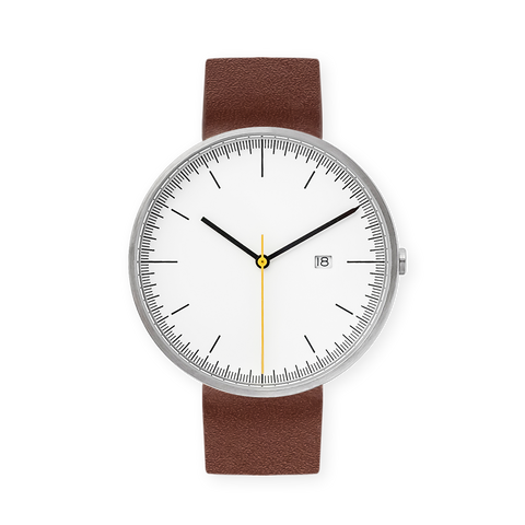 B202 Watch, Silver Case, White Dial, Calendar, Leather Strap - Brown - BIJOUONE