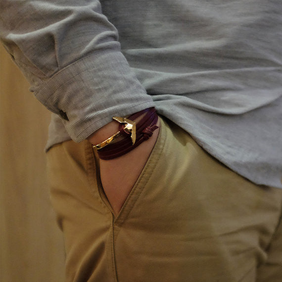 Gold Anchor Half-cuff On Burgundy Leather Bracelet - BIJOUONE