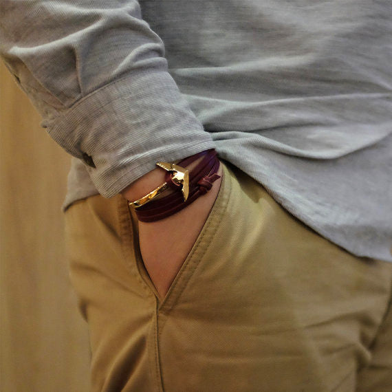 Rose Gold Anchor Half-cuff On Baby Blue Leather Bracelet - BIJOUONE