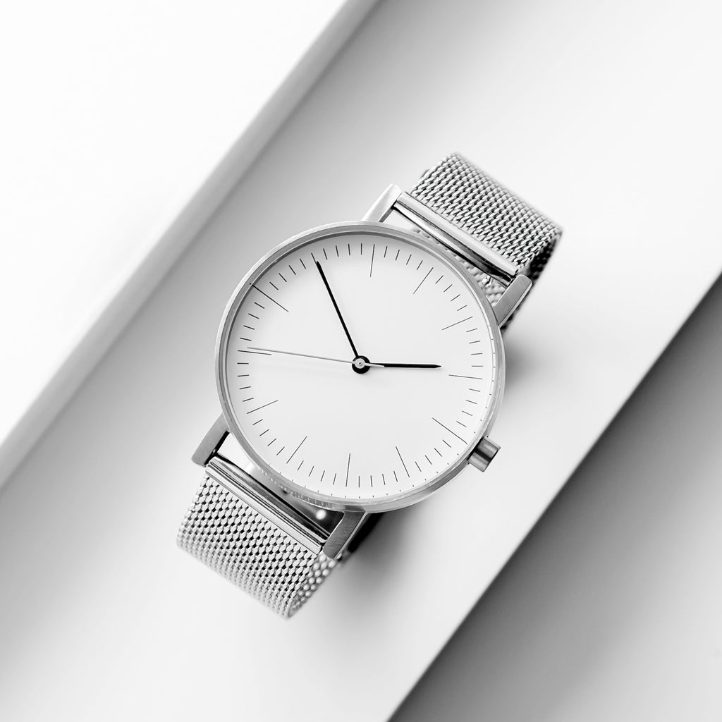 B001 Watch, Silver Case, White Dial, Stainless Steel Mesh Strap