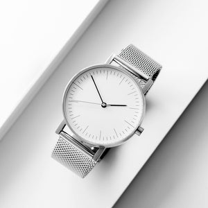 B001 Watch, Silver Case, White Dial, Stainless Steel Mesh Strap - BIJOUONE