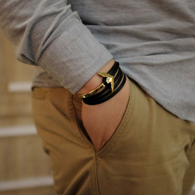 Rose Gold Anchor Half-cuff On Blue Leather Bracelet - BIJOUONE